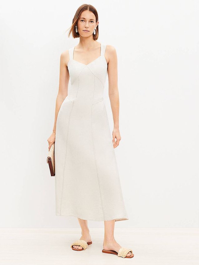 Loft Linen Blend Seamed V-Neck Dress - Size 4